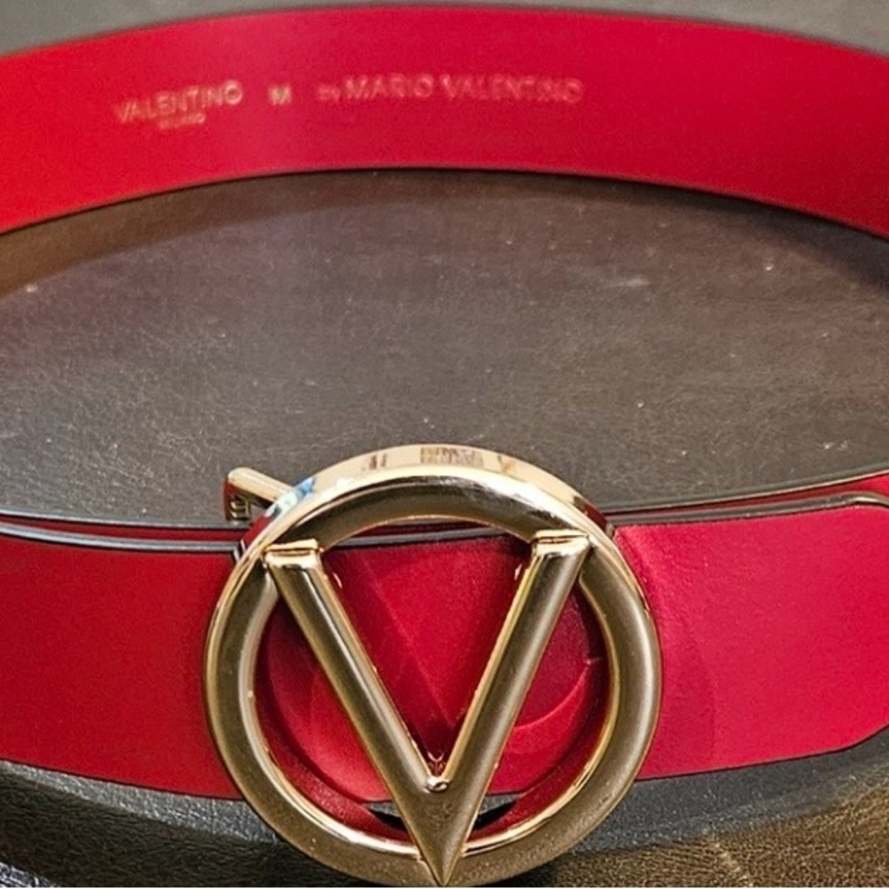 Mario Valentino Bold Red Belt with Gold V Buckle